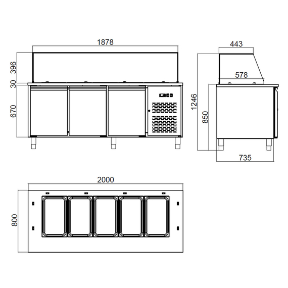 Vaiotec Salattheke, 3-fach mit Türen, Glasaufbau, für 5x GN 1/1 schwarz, 2000 × 800 mm, Bild 6