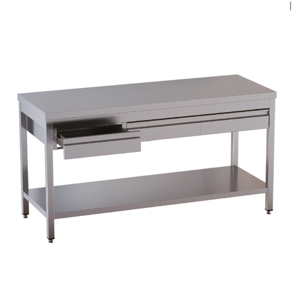 Vaiotec Topline Gastro-Arbeitstisch, Grundboden, 2 Schubladen, 1200 × 700 mm