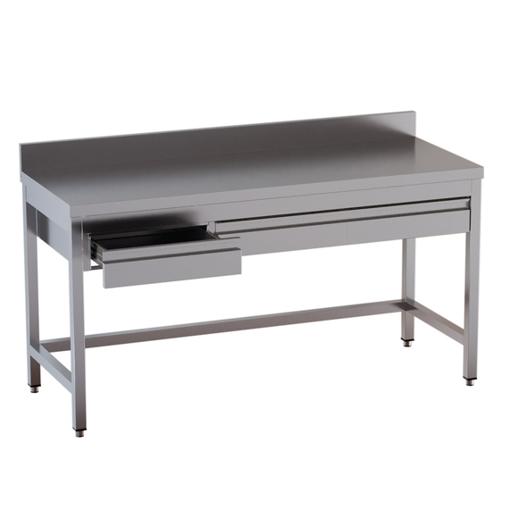 Vaiotec Topline Gastro-Arbeitstisch, unterfahrbar, 4 Schubladen und Aufkantung, 1800 × 600 mm