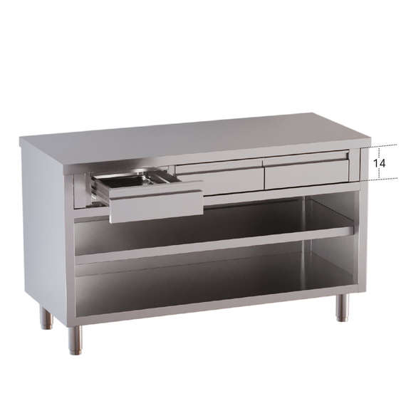 Vaiotec Topline Gastro-Arbeitsschrank, offen, mit 4 Schubladen oben, Aufkantung, 2000 × 600 mm, Bild 2
