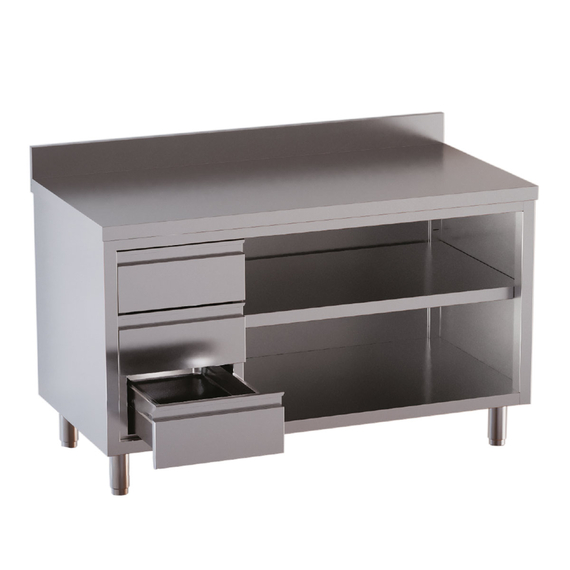 Vaiotec Topline Gastro-Arbeitsschrank, offen, mit 3 Schubladen links, Aufkantung, 1200 × 600 mm
