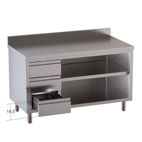 Vaiotec Topline Gastro-Arbeitsschrank, offen, mit 3 Schubladen links, Aufkantung, 2000 × 600 mm, Bild 2