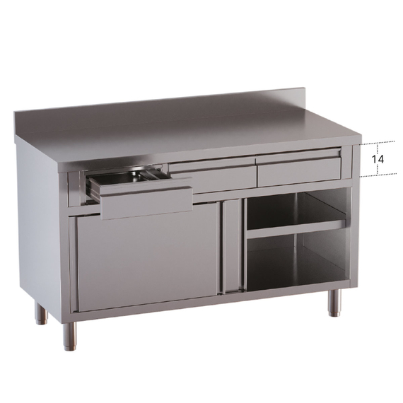 Vaiotec Topline Gastro-Arbeitsschrank, 2 Schiebetüren, 2 Schubladen oben, Aufkantung, 1000 × 700 mm, Bild 2