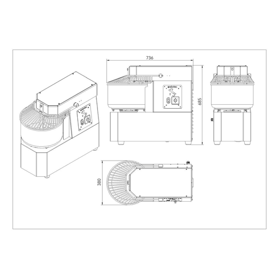 Vaiotec Gastro-Teigknetmaschine fester Kessel – 20 Liter, 230 Volt, 2 Geschwindigkeiten, 736 × 380 mm, Bild 4