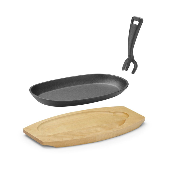 Hendi Gusseisenplatte mit Holzunterlage und Griff, Schwarz, 280x143x(H)33mm, Oval, Bild 7