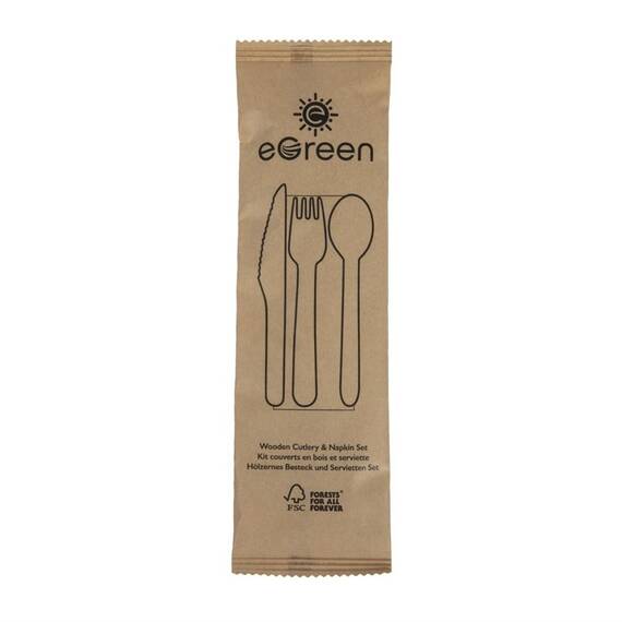 eGreen Einzeln in Kraftpapier verpacktes 4-in-1-Holzbesteck-Set (250 Stück)
