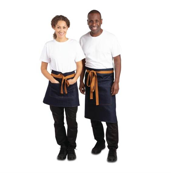 Southside kurze Bistroschürze Denim blau mit hellbraunen Bändern