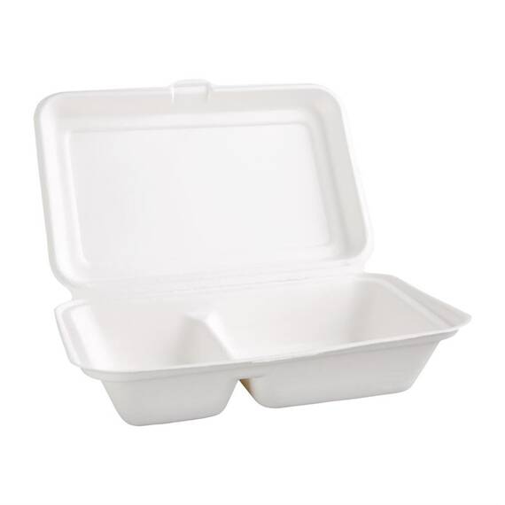Fiesta Compostable kompostierbare Menüboxen aus Bagasse mit Klappdeckel weiß 2-geteilt (200 Stück)