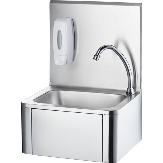 Stalgast Edelstahl Handwaschbecken mit Kniebedienung, inkl. Armatur und Seifenspender, Wandmontage, 400 mm x 330 mm x 570 mm (BxTxH)