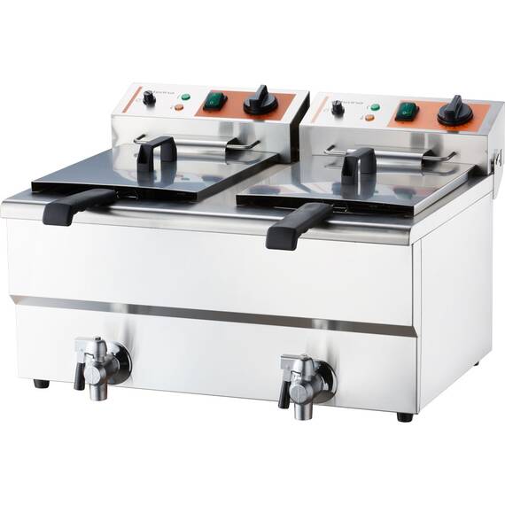 Doppel-Fritteuse CATERINA mit Ablasshahn und Kaltzone, Edelstahl, Elektro, 2x 10 Liter, 6,3 kW, 230V