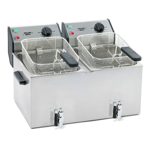 ROLLER GRILL Fritteuse mit zwei Becken, mit Ablasshahn, 2 x 8 Liter, Abmessung 590 x 450 x 370 mm (BxTxH)