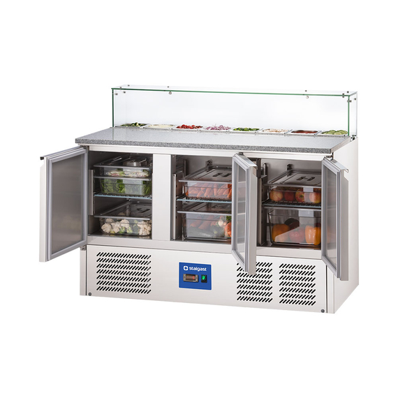 Stalgast Pizzatisch mit Kühlaufsatz und Glasabdeckung, 3-türig, 8x GN1/6, Serie Starline