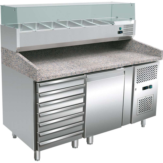 Stalgast, Edelstahl Pizza-Zubereitungstisch EN 400x600 mm mit Schubladen und Kühlaufsatz 7x GN 1/4