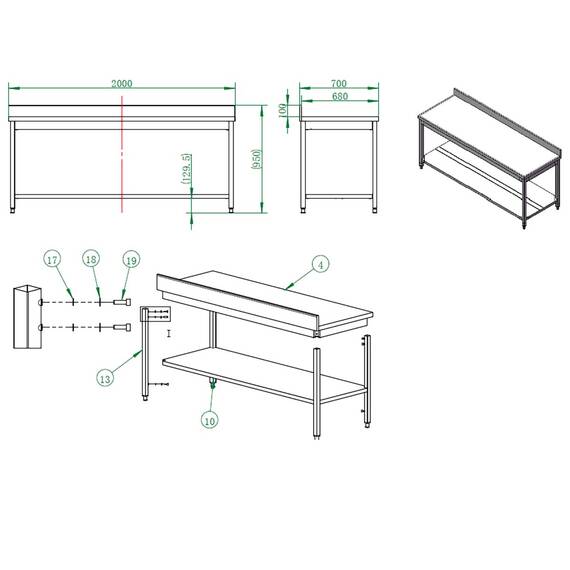 Vaiotec Easyline Arbeitstisch 700 / mit Grundboden & Aufkantung B:2000, Bild 3
