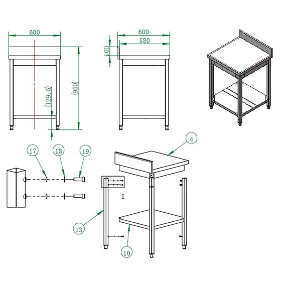 Vaiotec Easyline Arbeitstisch 600 / mit Grundboden & Aufkantung B:600, Bild 3