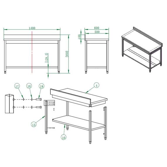 Vaiotec Easyline Arbeitstisch 600 / mit Grundboden & Aufkantung B:1400, Bild 3