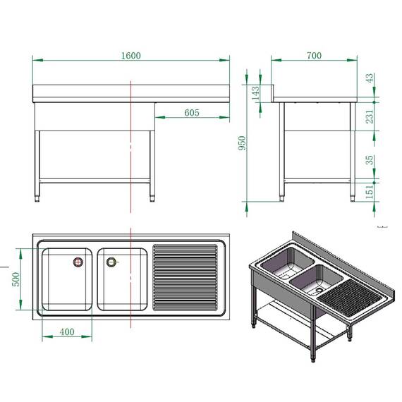 Vaiotec Easyline Spülcenter 700 / 2 Becken links B:1600, Bild 2