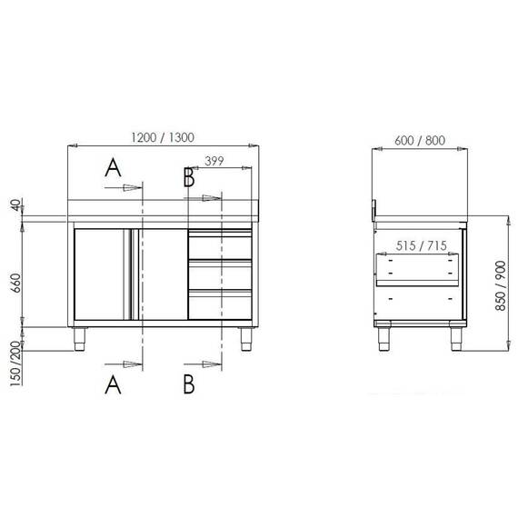 Vaiotec Topline Arbeitsschrank 600 / 2 Schiebetüren, 3 Schubladen & Aufkantung B:1600, Bild 2